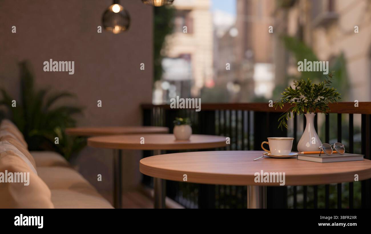 Una tazza da caffè su un tavolo rotondo con divano in tessuto sulla terrazza o sul balcone. Angolo rilassante, rendering 3D, illustrazione 3D. Foto Stock