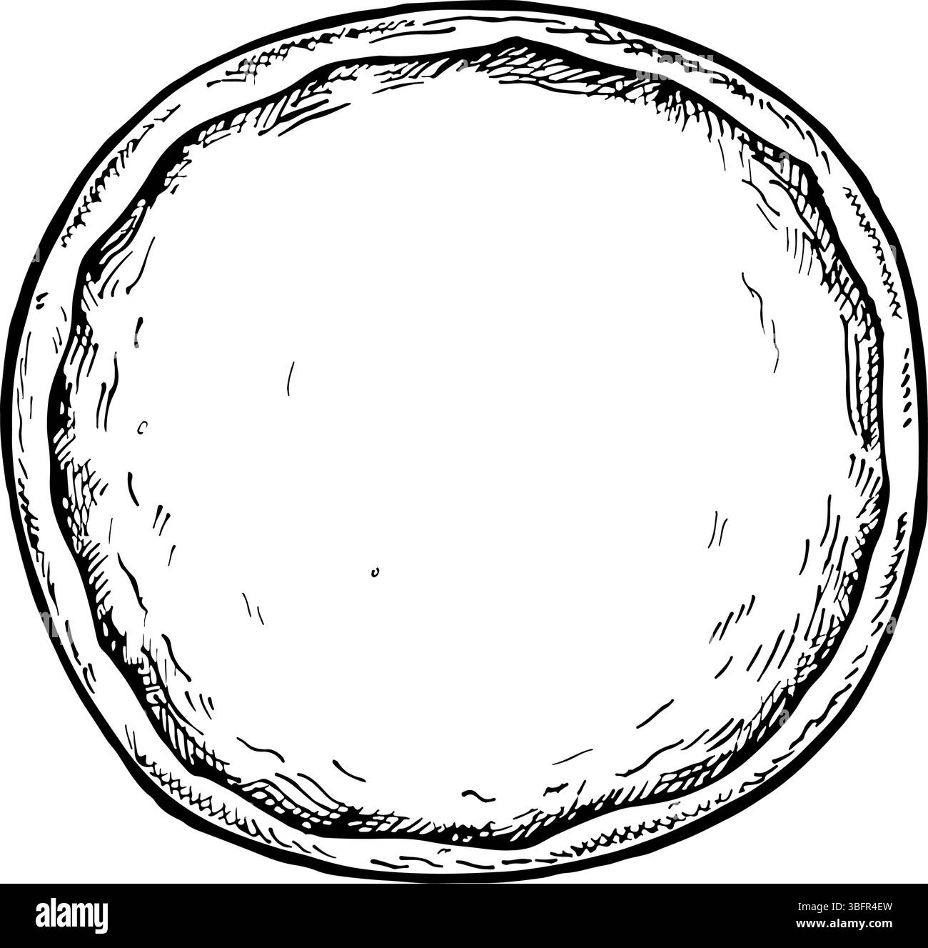 Uno strato vuoto di pizza. Grafica vettoriale, illustrazione disegnata a mano in bianco e nero. Isolare su sfondo bianco. Per ricette, cucina, menu Illustrazione Vettoriale