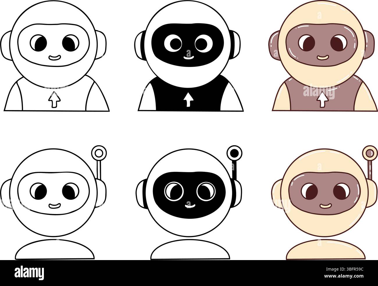 Personaggi chatbot, assistenti ai e robot Avatar Set. Contorno vettoriale e icona di disegno a mano a colori che mostra espressioni, supporto tecnico, sicurezza. IO Illustrazione Vettoriale