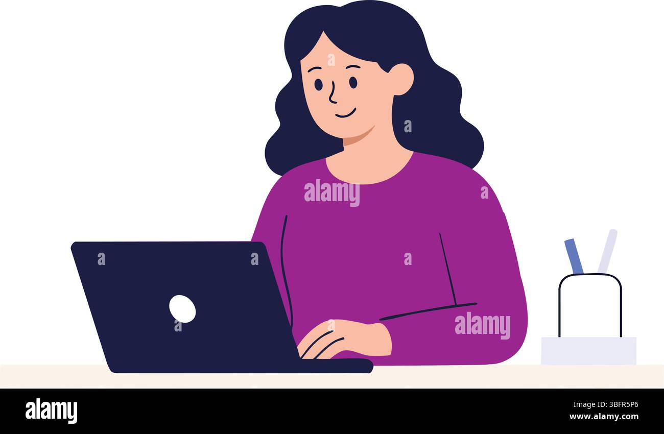 Donna elegante che lavora alla scrivania moderna con notebook | illustrazione vettoriale piatta per i temi ufficio e lavoro remoto Illustrazione Vettoriale