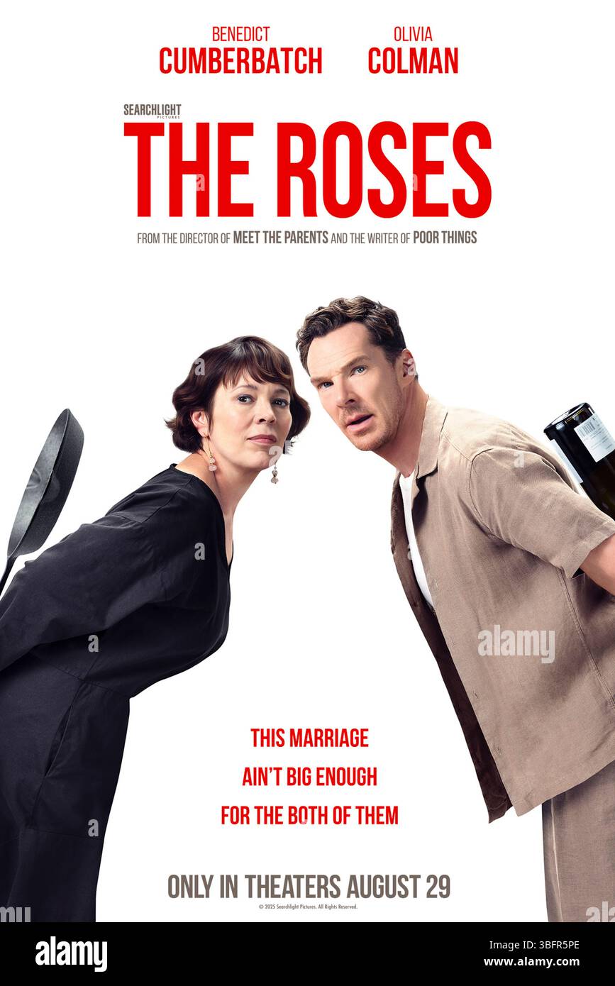 The Roses (2025) diretto da Jay Roach e interpretato da Benedict Cumberbatch, Olivia Colman e Allison Janney. Una scatola di gara e risentimenti sotto la facciata di una coppia da cartolina si accendono quando i sogni professionali del marito si infrangono. SOLO PER L'USO EDITORIALE del poster STATUNITENSE. Credito: Immagini BFA / Searchlight Foto Stock