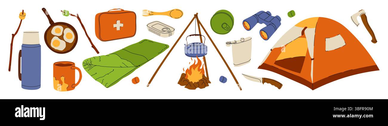 Illustrazione degli elementi essenziali da campeggio Illustrazione Vettoriale