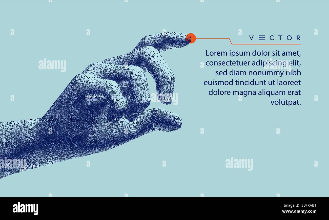 La mano preme il dito indice sul pulsante un'interfaccia virtuale. Tecnologie del futuro. Struttura di connessione. 3D illustrazione vettoriale per sci Illustrazione Vettoriale