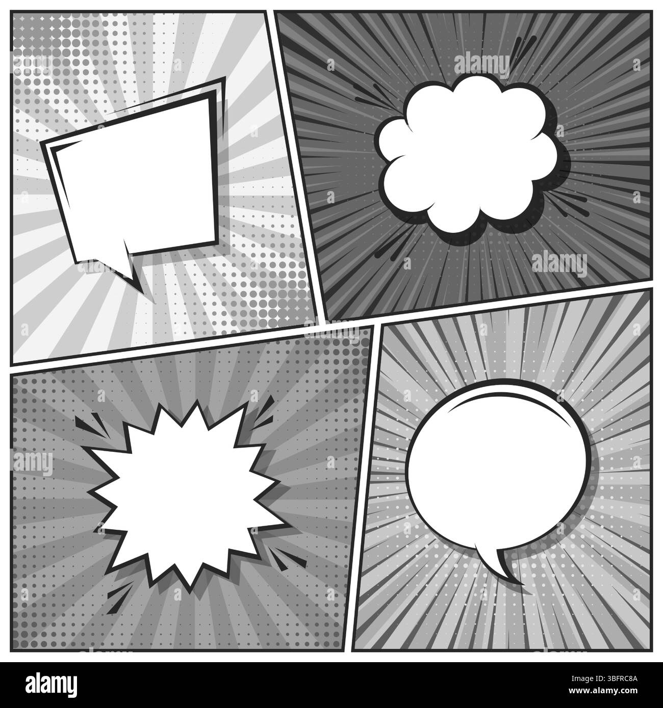 Sfondo fumettistico dei cartoni animati. Bolla del discorso. Poster in bianco e nero del libro di fumetti con elementi mezzitoni e linee radiali. Stile Pop Art retrò. Vettore Illustrazione Vettoriale