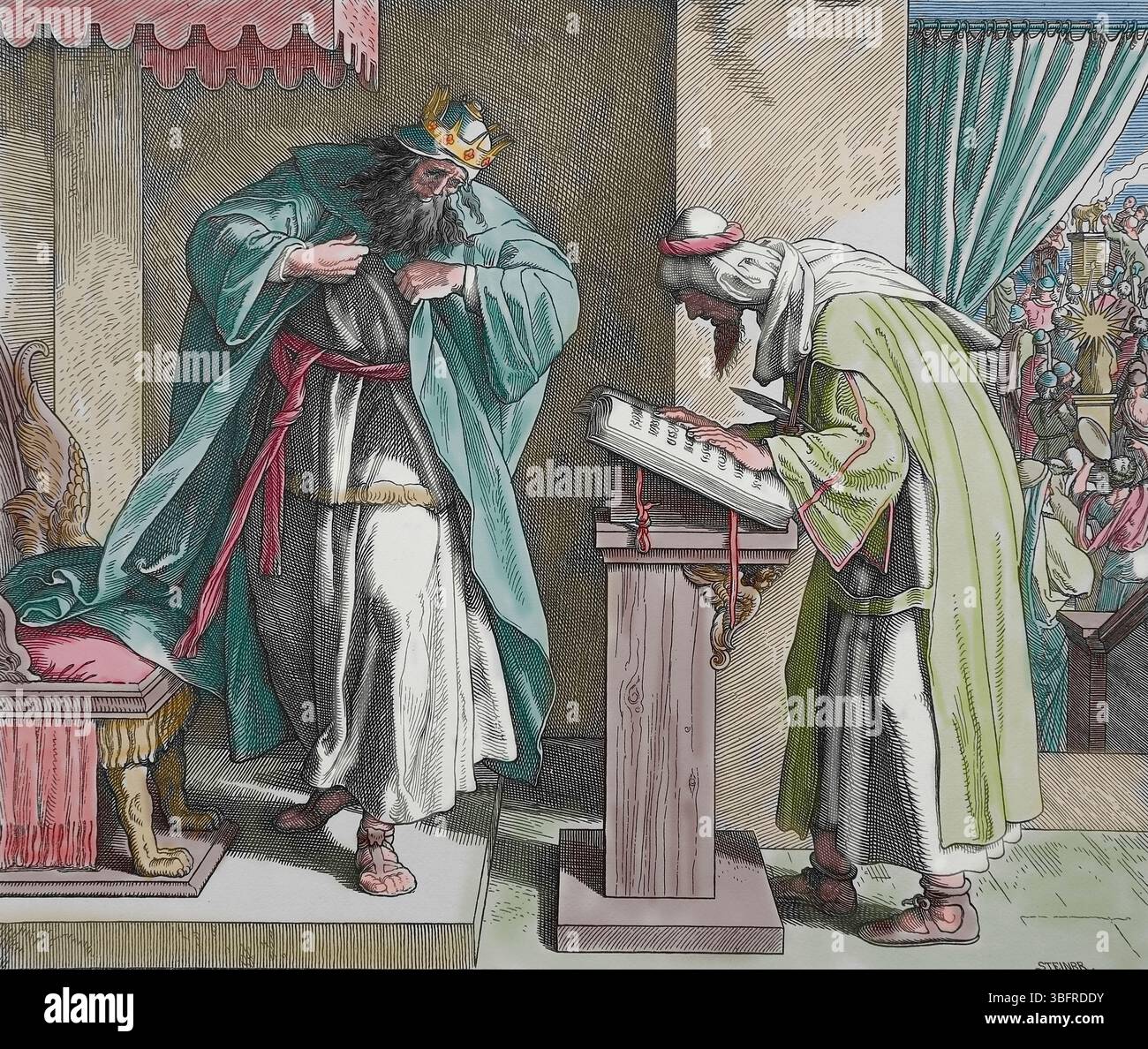 Vecchio Testamento. Giosia impara la parola del Signore da un libro di legge. Il secondo Libro dei Re. Illustrazione di J. Schnorr von Carolsfeld. "Il Pict Foto Stock