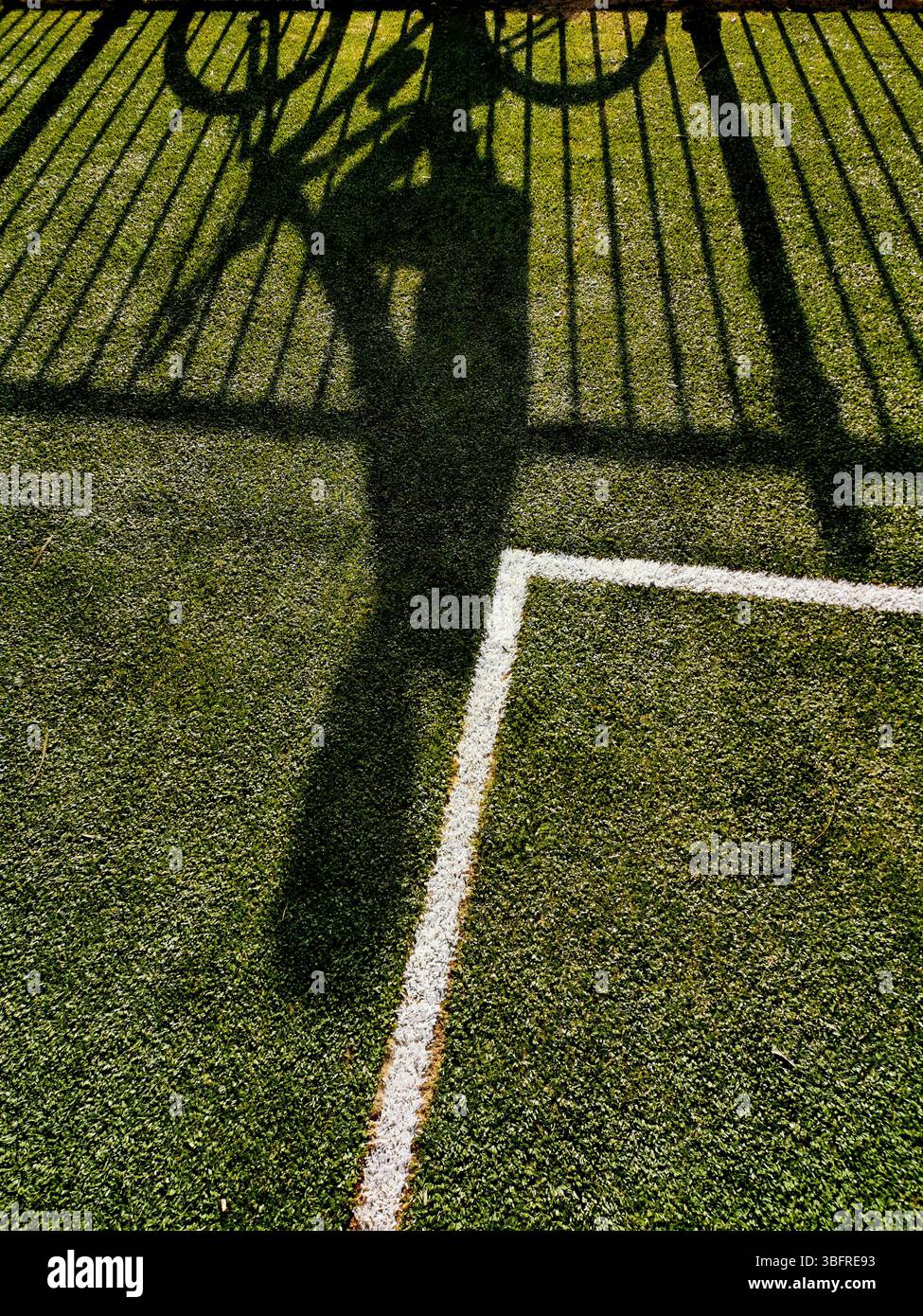 Un ciclista proietta una lunga ombra su un'erba verde vibrante, creando un contrasto dinamico con una linea bianca sul campo in piena luce solare. Foto Stock