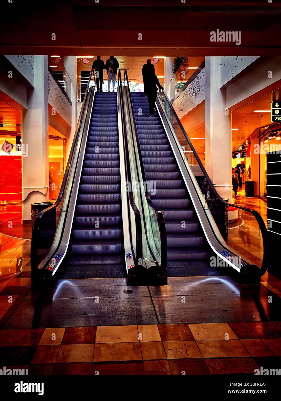 La folla si muove in modo efficiente su una moderna scala mobile in un vivace centro commerciale durante la sera, in Francia Foto Stock