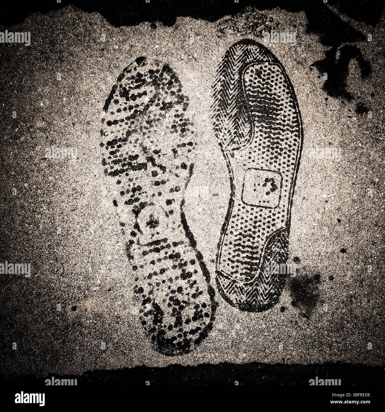 Su una superficie in cemento bagnato sono visibili stampe di scarpe dal motivo unico, che mettono in risalto il design intricato delle suole. Foto Stock