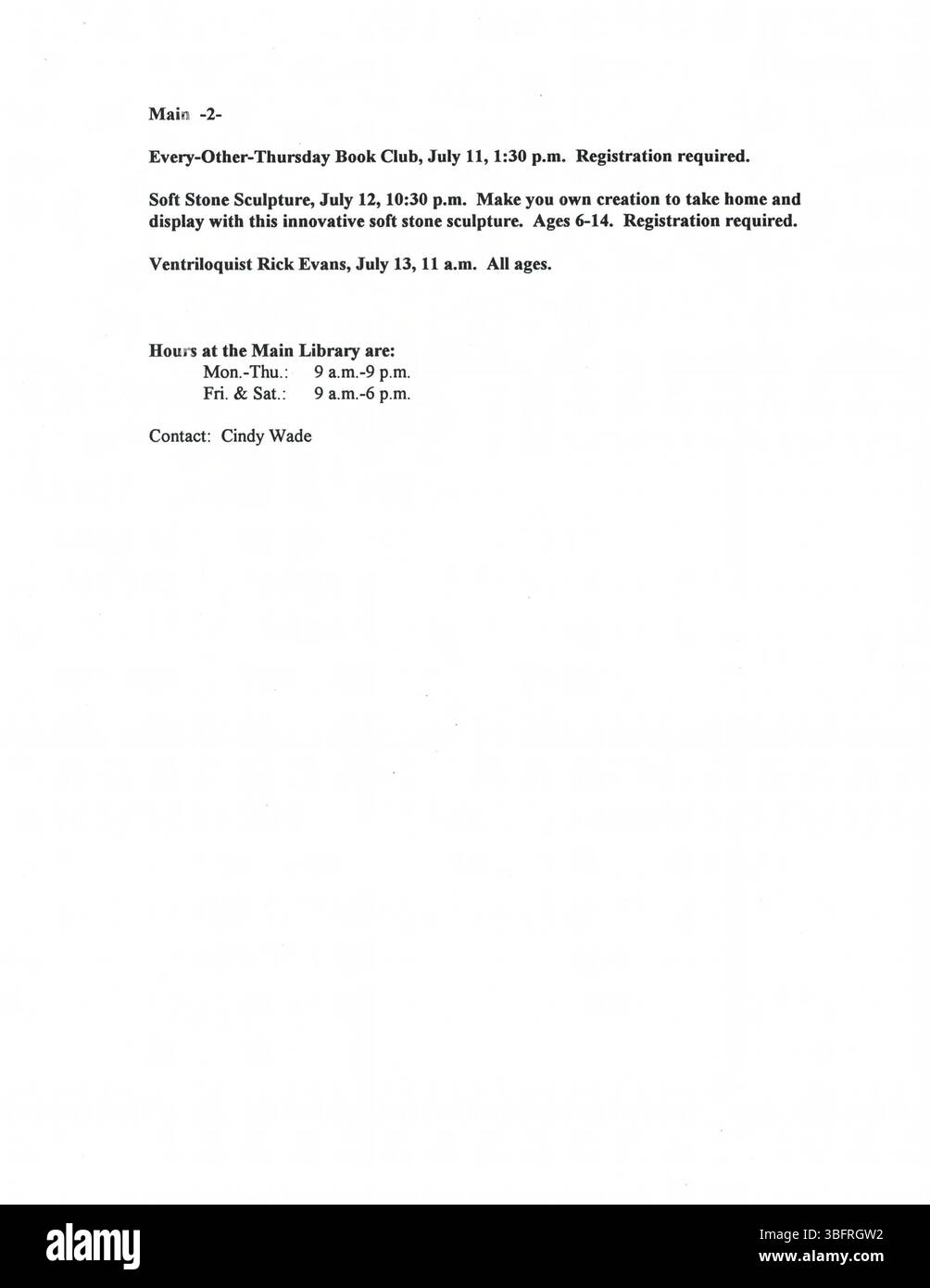 Questa raccolta di comunicati stampa di CML nel giugno 1996 fornisce informazioni su programmi di biblioteca, acquisizioni ed eventi della comunità. Le pubblicazioni sono state inviate ai media locali tra cui giornali, radio e televisione per tenere informata la comunità. Foto Stock