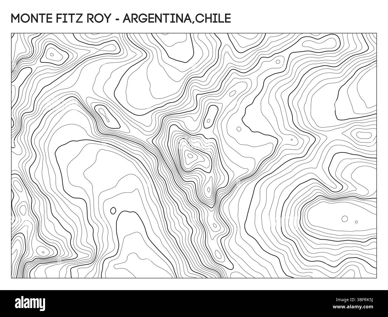 Mappa topografica del contorno del Monte Fitz Roy in Patagonia, che copre Argentina e Cile, con un'elevazione irregolare. Terreno vettoriale linee di contorno Illustrazione Vettoriale