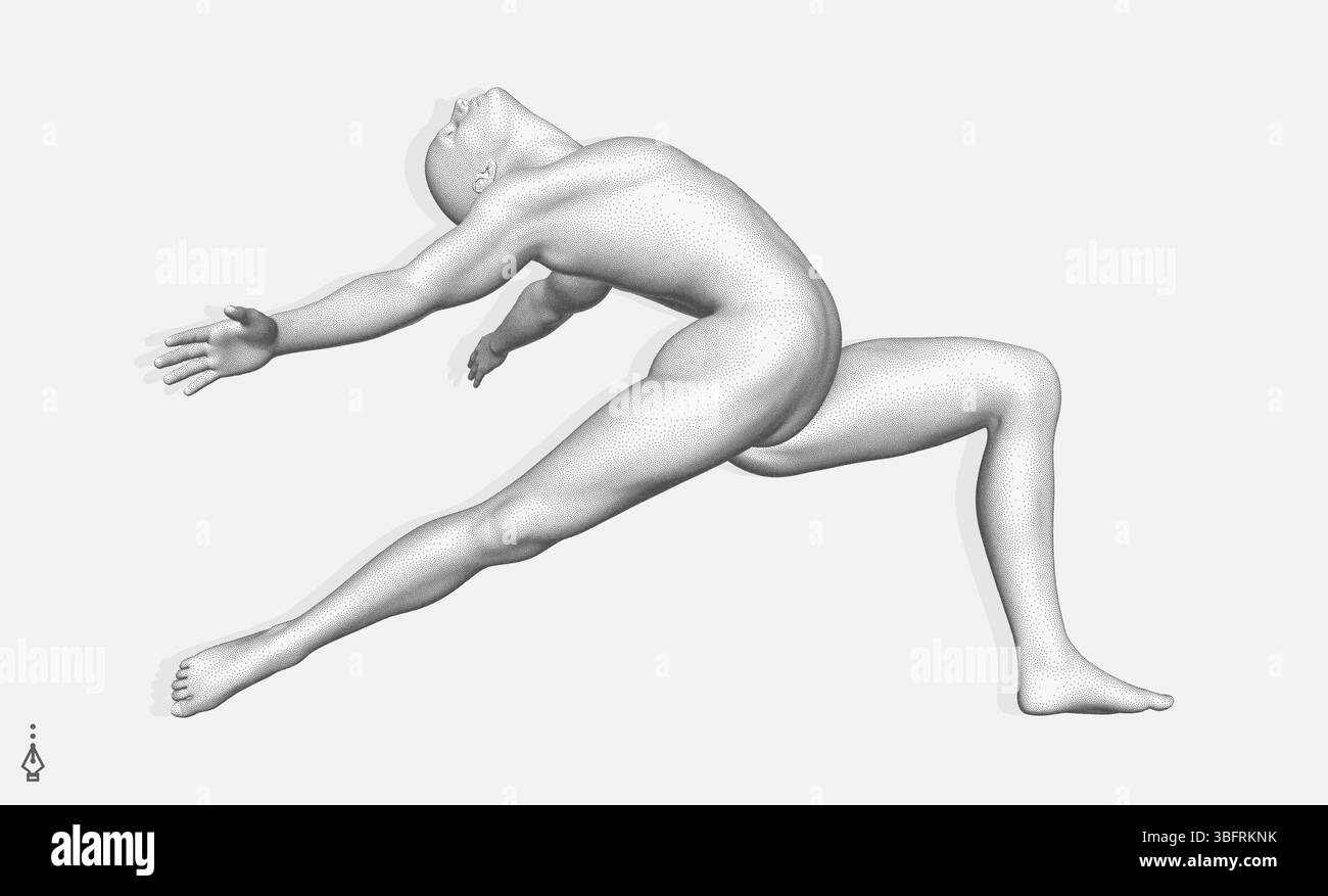 Uomo che posa e danza. modello 3d di uomo con corpo muscolare senza camicia. Simbolo dello sport. Ballerina che fa una performance. Conce di ispirazione coreografica Illustrazione Vettoriale