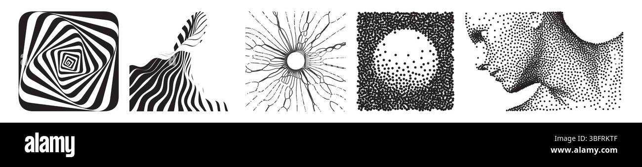 Elemento di design a righe astratte. Arte ottica. Futuristica illustrazione vettoriale delle onde oceaniche. Il foro nero realizzato con piccole particelle fuoriesce dal centro Illustrazione Vettoriale