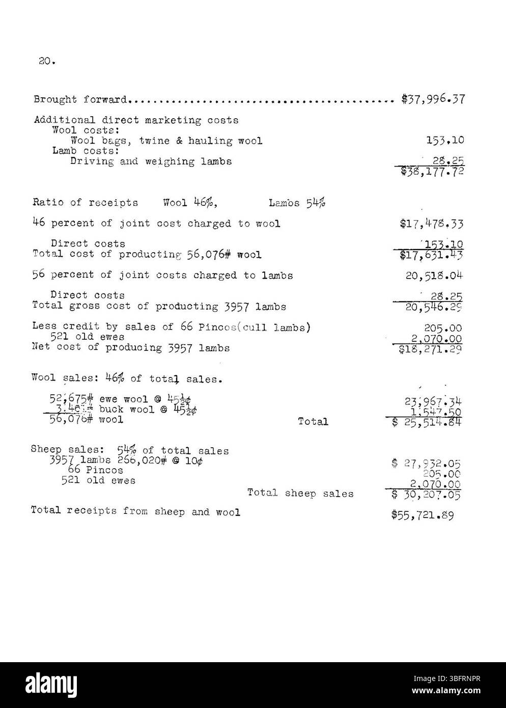 La relazione del 1926 prosegue l'analisi del costo di produzione per le pecore di allevamento nella San Luis Valley, offrendo ulteriori approfondimenti sugli aspetti finanziari dell'allevamento di ovini in Colorado. Foto Stock