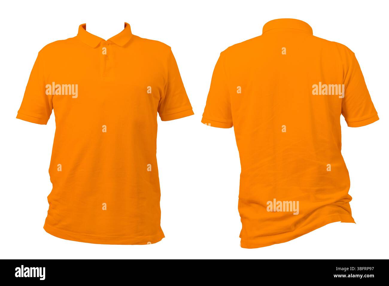 Vista anteriore e posteriore della polo arancione su sfondo bianco. Perfetto per modelli di design della moda, mockup di prodotti, branding ed e-commerce Foto Stock