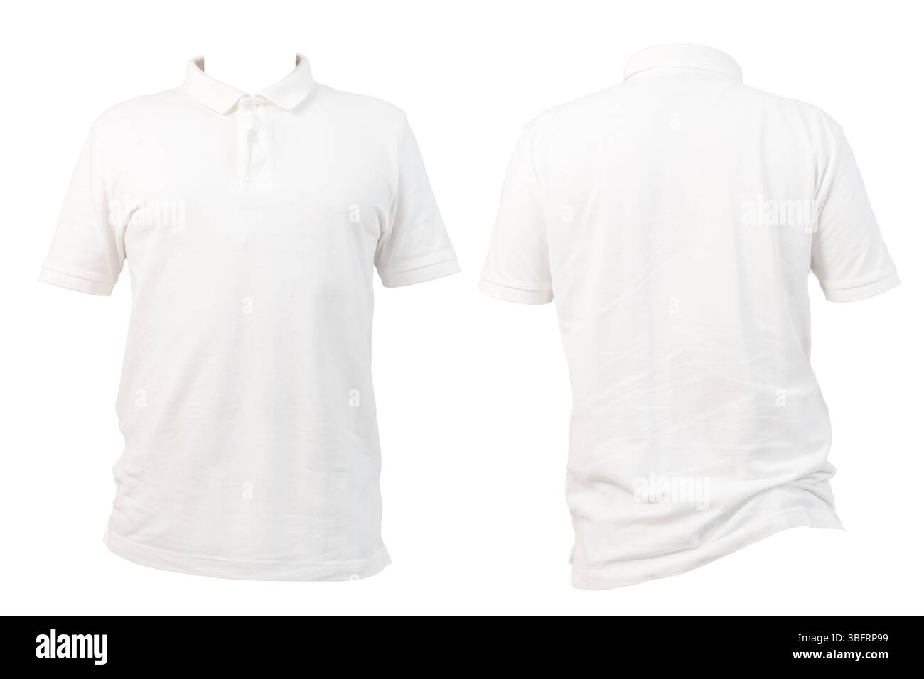 Polo bianca sul lato anteriore e posteriore su sfondo bianco. Perfetto per il mockup di abbigliamento, la presentazione del design di abbigliamento, il prodotto alla moda li Foto Stock