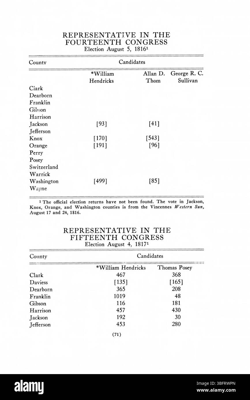Pagina 97 continua la registrazione dettagliata dei ritorni elettorali per l'Indiana dal 1816 al 1851, analizzando ulteriormente l'evoluzione del potere politico e le tendenze di voto nello stato. Foto Stock