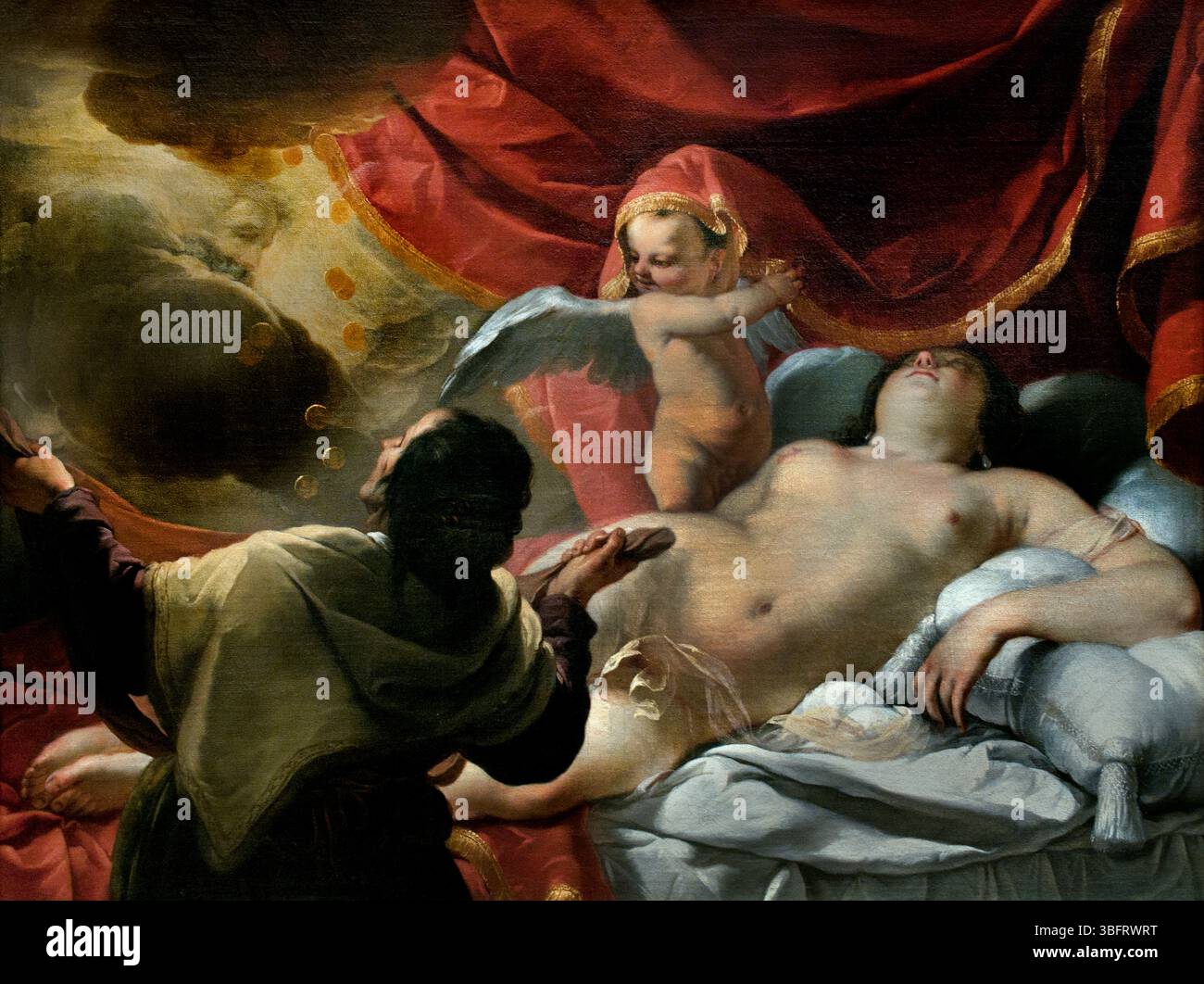 Danae 1630 di Jaques Blanchard 1600-1638 Parigi, Louvre, Francia, francese ( Danaë è una figura della mitologia greca, conosciuta principalmente come la madre dell'eroe Perseo. Era la figlia del re Acrisio di Argo, che, dopo aver appreso di una profezia che sarebbe stato ucciso da suo nipote, rinchiuse Danaë in una camera di bronzo per impedirle di avere figli. Nonostante queste precauzioni, Zeus la visitò sotto forma di pioggia dorata e la impregnò. Più tardi, Danaë e Perseo furono gettati in mare in una cassa da Acrisio, ma sopravvissero e furono infine salvati ) Foto Stock