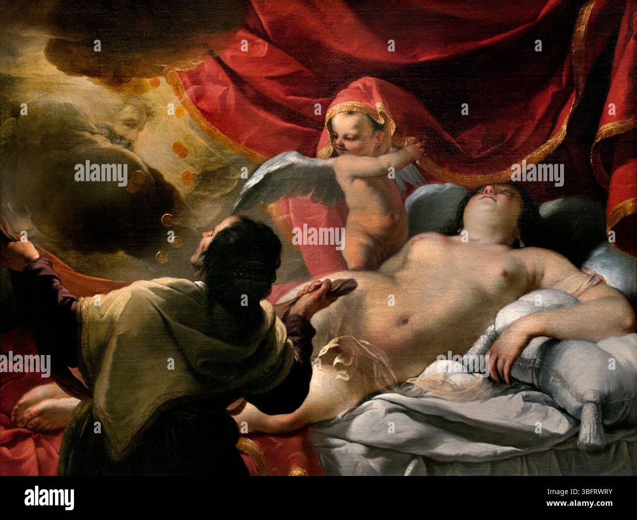 Danae 1630 di Jaques Blanchard 1600-1638 Parigi, Louvre, Francia, francese ( Danaë è una figura della mitologia greca, conosciuta principalmente come la madre dell'eroe Perseo. Era la figlia del re Acrisio di Argo, che, dopo aver appreso di una profezia che sarebbe stato ucciso da suo nipote, rinchiuse Danaë in una camera di bronzo per impedirle di avere figli. Nonostante queste precauzioni, Zeus la visitò sotto forma di pioggia dorata e la impregnò. Più tardi, Danaë e Perseo furono gettati in mare in una cassa da Acrisio, ma sopravvissero e furono infine salvati ) Foto Stock