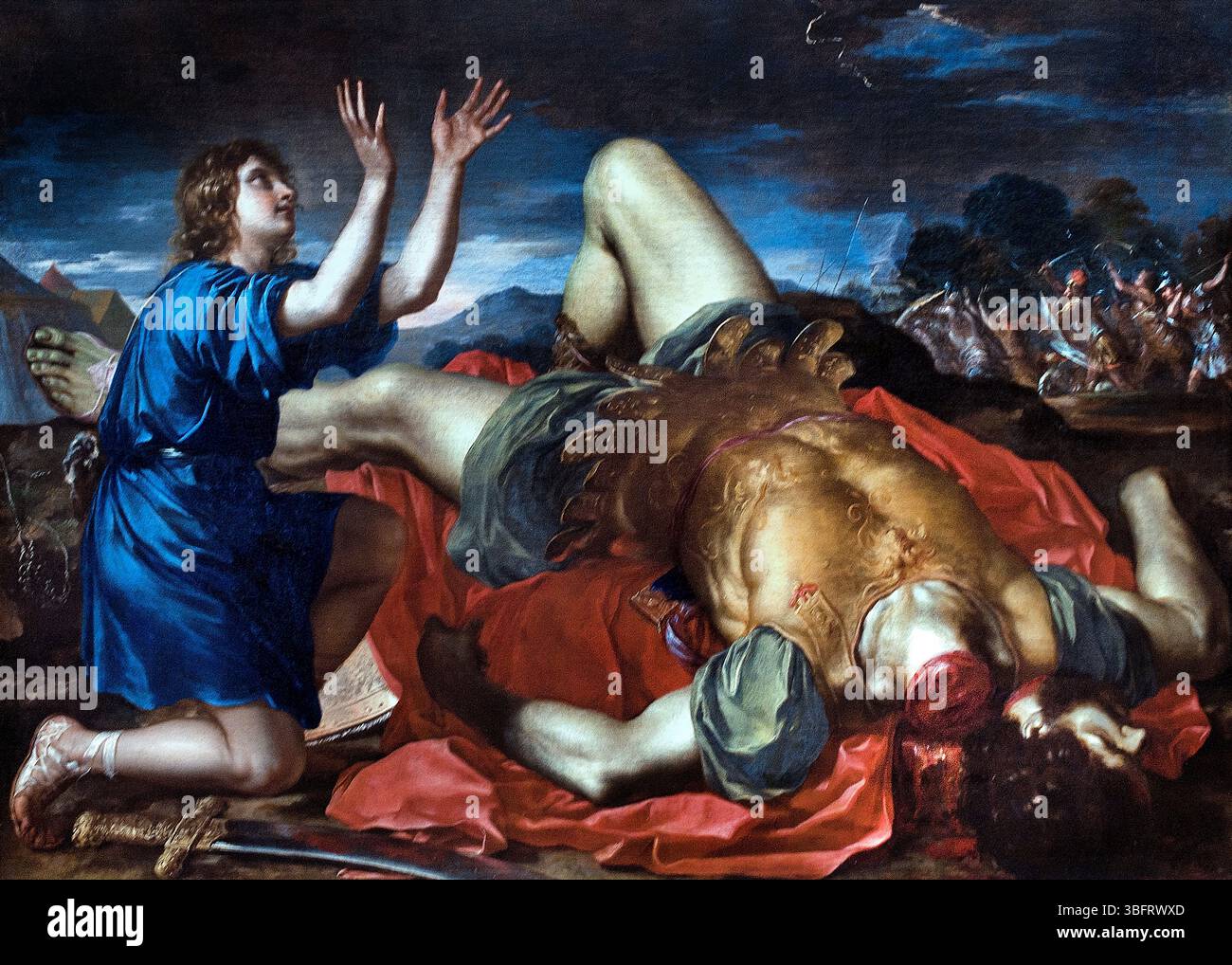 Davide rende grazie a Dio dopo la morte di Golia, Italia del XVII secolo, italiano, Parigi, Louvre, (David, Bibbia ebraica, terzo re del Regno Unito d'Israele, libri di Samuele, è descritto come un giovane pastore e arpista, che guadagna fama uccidendo Golia, un campione dei Filistei, nel sud di Canaan. Davide diventa il favorito di Saul, il primo re di Israele, Foto Stock