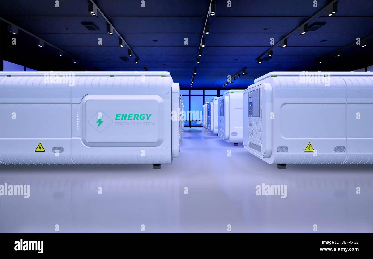 quantità di rendering 3d dei sistemi di immagazzinamento dell'energia o delle unità del contenitore della batteria in fabbrica Foto Stock