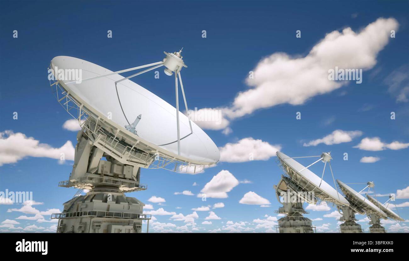 gruppo di rendering 3d di parabole satellitari per telecomunicazioni digitali con sfondo blu nuvoloso Foto Stock