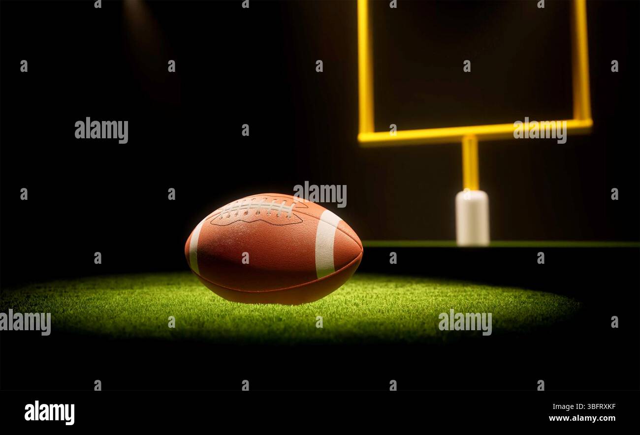 3D rendering pallone da rugby con Rugby posti sul campo Foto Stock