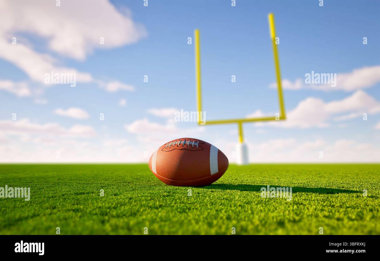 palla da rugby con rendering 3d con pali da rugby sul campo con cielo blu Foto Stock