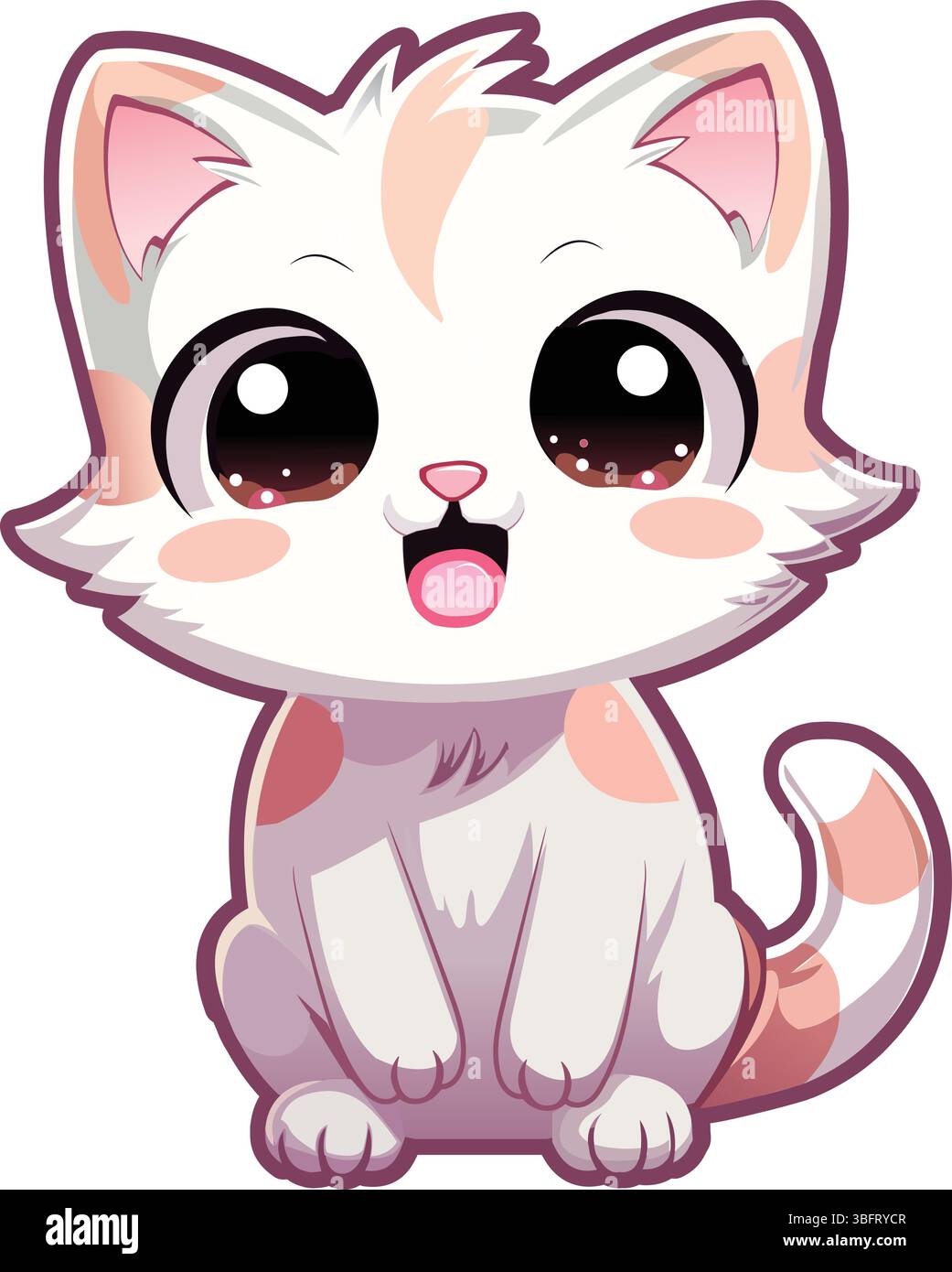 Un'affascinante illustrazione 3D di un simpatico gatto kawaii dagli occhi larghi, perfetto come adesivo artigianale con colori personalizzabili e deformazioni realistiche Illustrazione Vettoriale