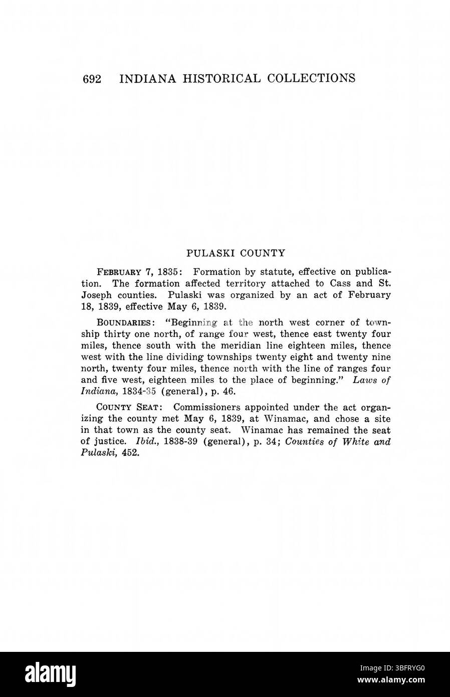 Pagina 708 della ristampa del 1967 di *Indiana Boundaries* offre ulteriori dettagli sui cambiamenti storici nei confini territoriali dello stato, con riferimenti bibliografici e un indice per ulteriori esplorazioni accademiche. Foto Stock