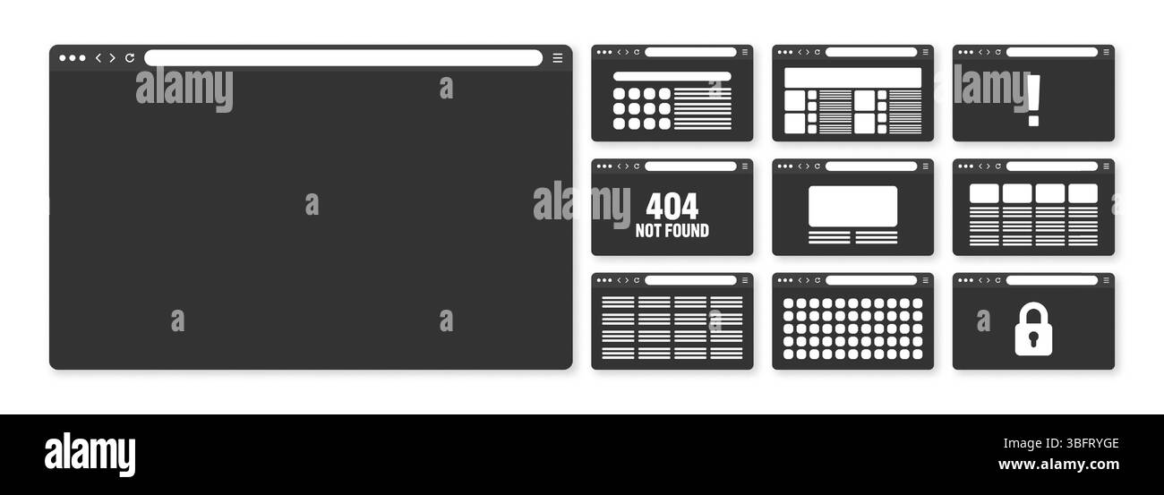 Finestra del browser Web, layout delle pagine con barra degli strumenti e campo di ricerca. Sito web moderno, pagina Internet in stile piatto. Mockup del browser per computer, tablet e. Illustrazione Vettoriale