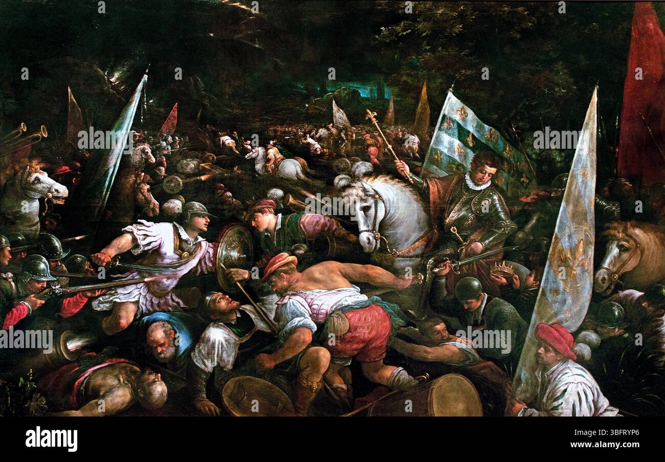 Scena di battaglia Carlo VIII che riceve la corona di Napoli di Francesco Bassano il giovane - Francesco da Ponte 1510 - 1592 Italia, Italia, Italia, Parigi, Louvre, Francia, francese Foto Stock