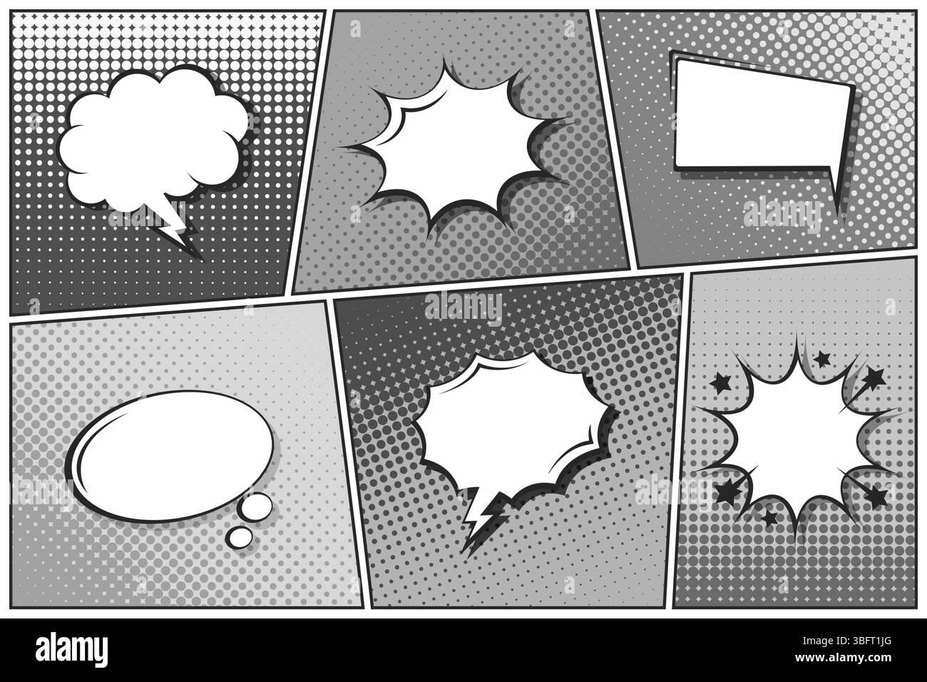 Sfondo fumettistico dei cartoni animati. Bolla del discorso. Poster in bianco e nero del libro di fumetti con elementi mezzitoni. Stile Pop Art retrò. Illustrazione vettoriale Illustrazione Vettoriale