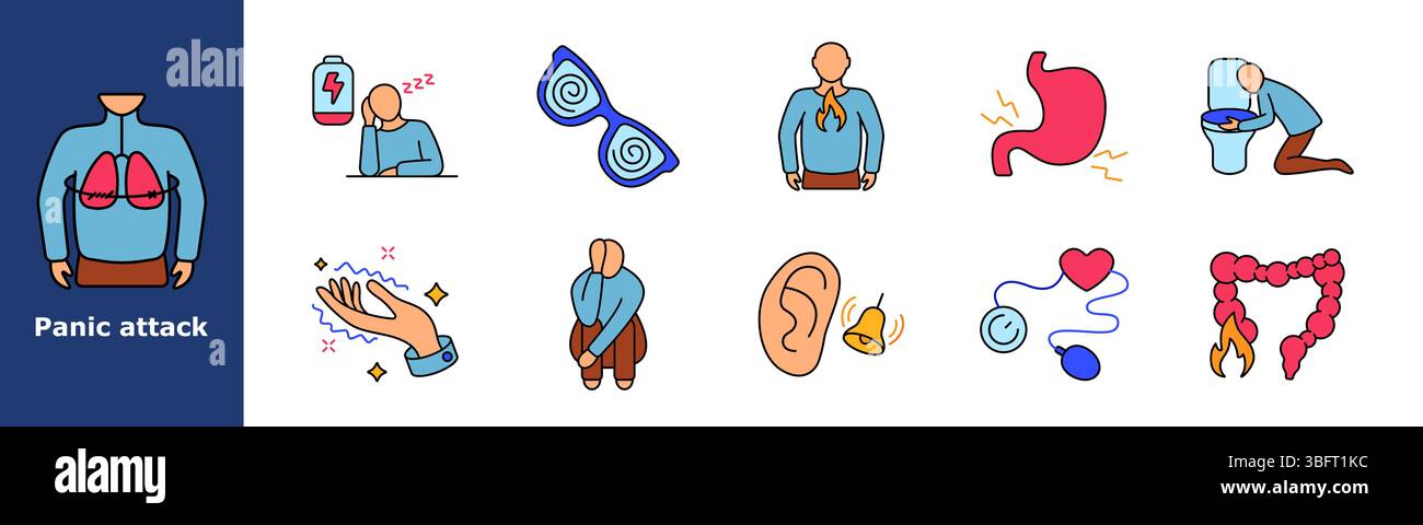 Icona del set attacco di panico. Difficoltà respiratoria, bassa energia, vertigini, bruciore al torace, mal di stomaco, nausea, tremori delle mani, ansia, sensibilità all'udito Illustrazione Vettoriale