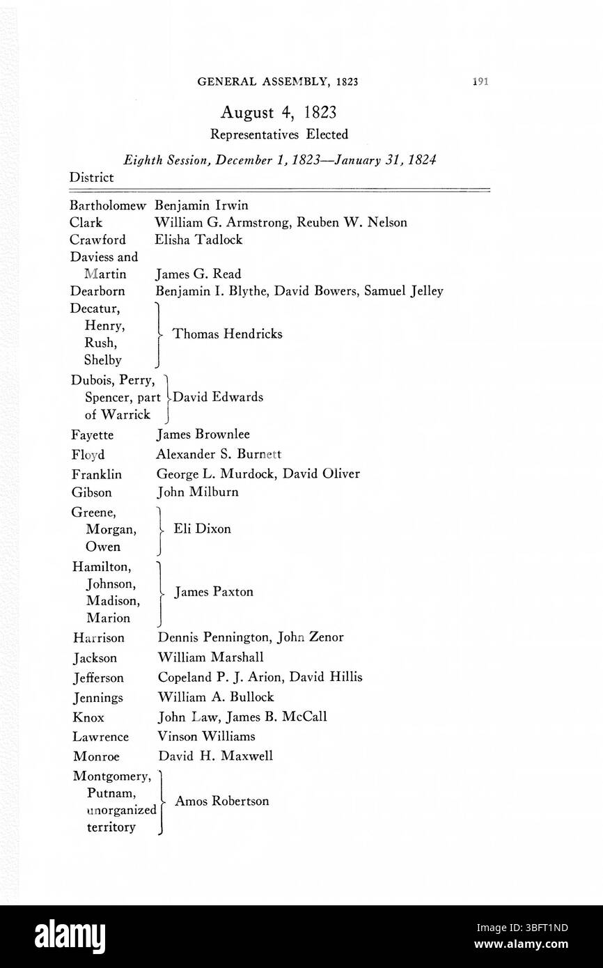 Questa pagina presenta i ritorni elettorali dall'Indiana tra il 1816 e il 1851, documentando i risultati delle votazioni e i cambiamenti politici nei risultati elettorali dello stato nel corso di diversi decenni. Foto Stock
