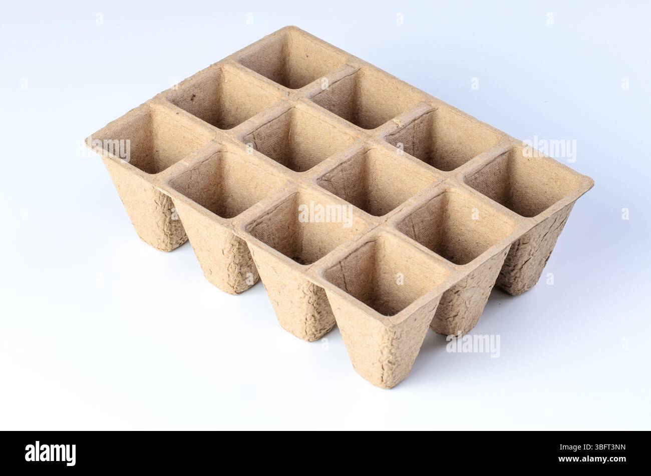 Vassoio per piantine biodegradabile in polpa naturale su sfondo bianco Foto Stock