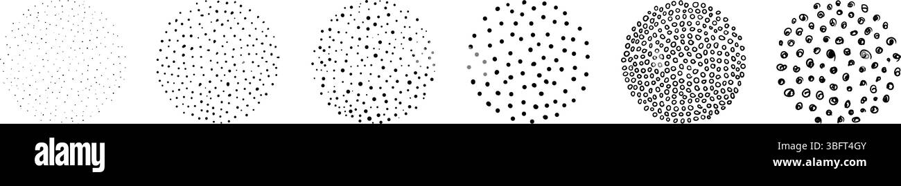 Set di trame circolari tratteggiate disegnate a mano. Elementi di progettazione organici creativi per schizzi astratti vettoriali Illustrazione Vettoriale