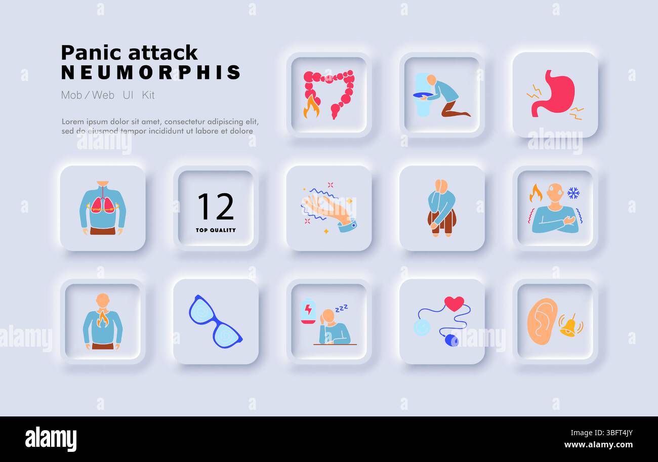Icona del set attacco di panico. Costrizione toracica, infiammazione intestinale, vomito, mal di stomaco, tremore, la paura poggia, brividi, vertigini, perdita di energia, hea Illustrazione Vettoriale