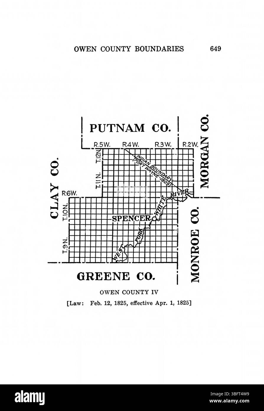 Pagina 665 di *Indiana Boundaries* (1967) continua lo studio dello sviluppo territoriale dell'Indiana, evidenziando l'impatto della legislazione e delle decisioni storiche sulla struttura dei confini dello Stato. Foto Stock