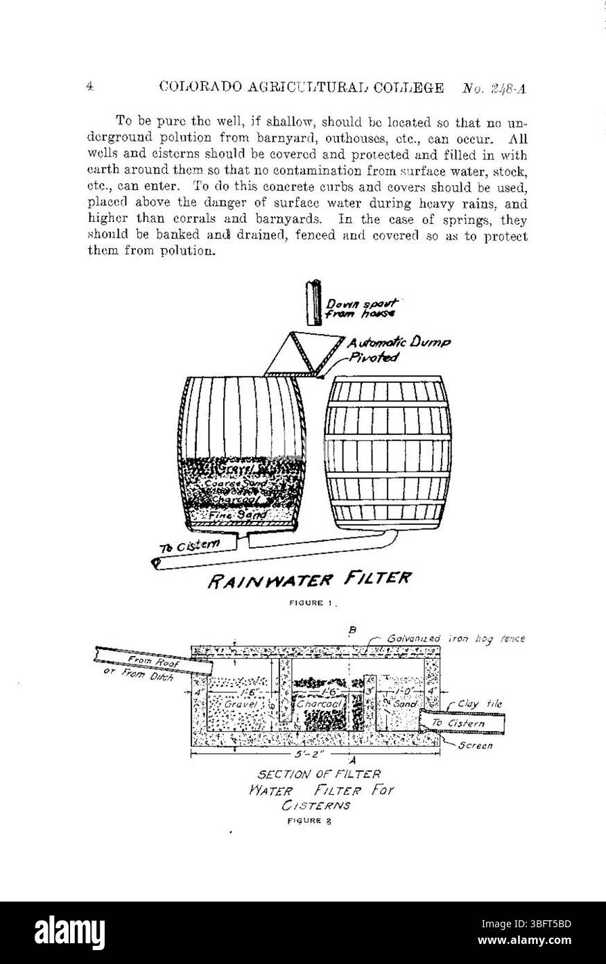 La pagina 4 della guida 1927 illustra la manutenzione del sistema idrico per le case agricole del Colorado, sottolineando l'importanza di pratiche idriche sostenibili e della disponibilità di acqua a lungo termine. Foto Stock