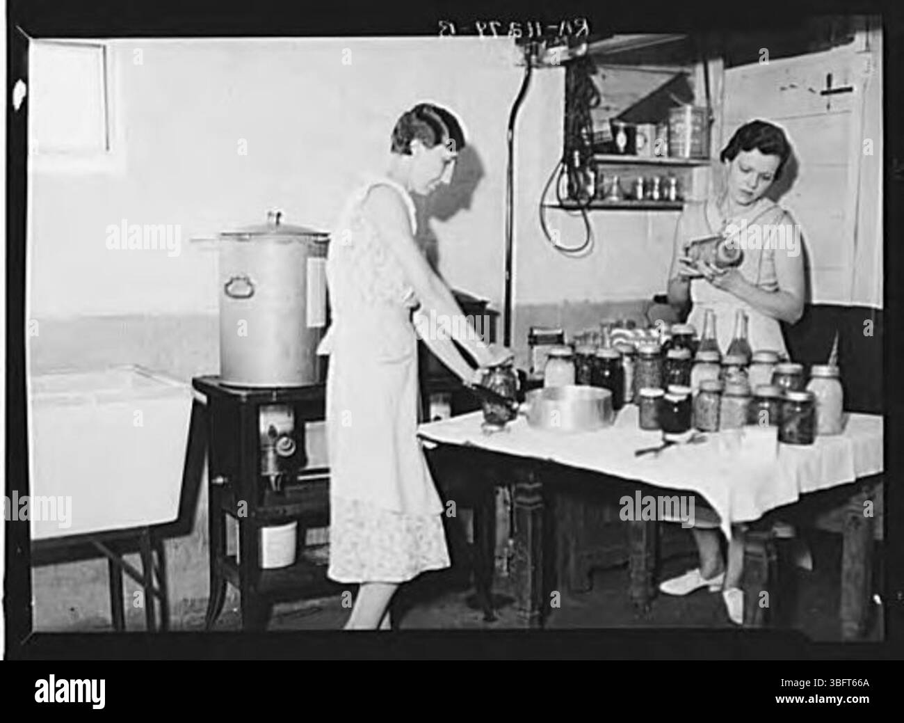 L'immagine mostra le persone che inscatolano le verdure in un ambiente di fattoria, un'attività che conserva i prodotti stagionali per la conservazione a lungo termine. La pratica è un metodo tradizionale utilizzato per garantire la disponibilità di cibo durante i mesi invernali. Foto Stock