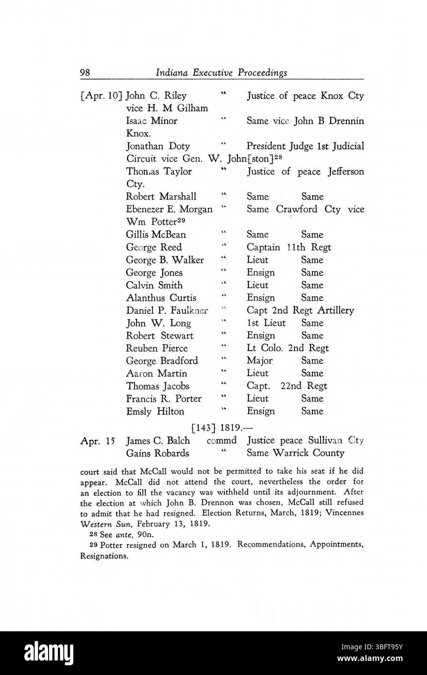 Pagina 110 dei procedimenti esecutivi dello Stato dell'Indiana del 1816-1836, che evidenziano importanti azioni legislative ed eventi politici del primo Indiana. Foto Stock