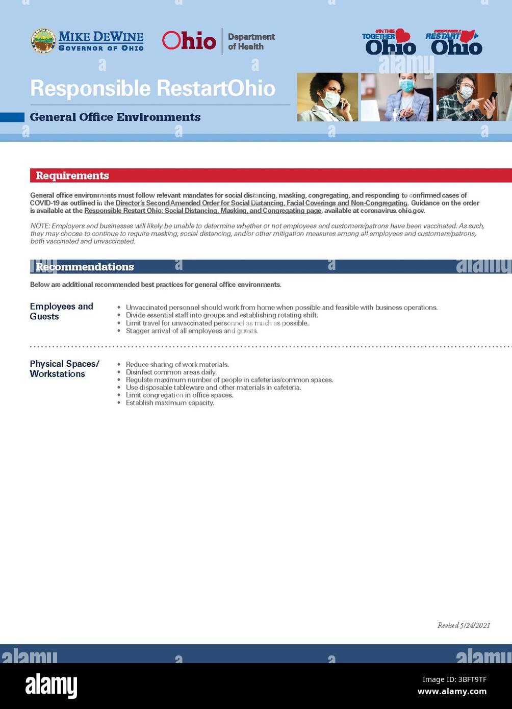 Questo documento descrive le linee guida per la riapertura degli uffici generali in Ohio come parte del programma Responsible RestartOhio, rivisto il 24 maggio 2021. Esso prevede misure di sicurezza per i lavoratori d’ufficio al fine di ridurre al minimo la diffusione della COVID-19, mantenendo al contempo la produttività. Foto Stock Questo documento descrive le linee guida per la riapertura degli uffici generali in Ohio come parte del programma Responsible RestartOhio, rivisto il 24 maggio 2021. Esso prevede misure di sicurezza per i lavoratori d’ufficio al fine di ridurre al minimo la diffusione della COVID-19, mantenendo al contempo la produttività. Foto Stock
