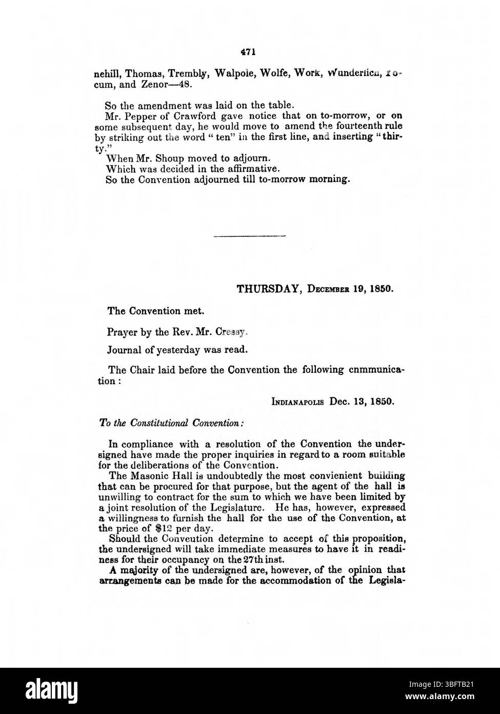 Pagina 472 del Journal of the Indiana Constitutional Convention del 1850 fornisce un resoconto dettagliato dei dibattiti e dei processi di voto che circondano gli emendamenti costituzionali dell’Indiana, evidenziando i ruoli dei delegati nel plasmare il futuro dello Stato. Foto Stock