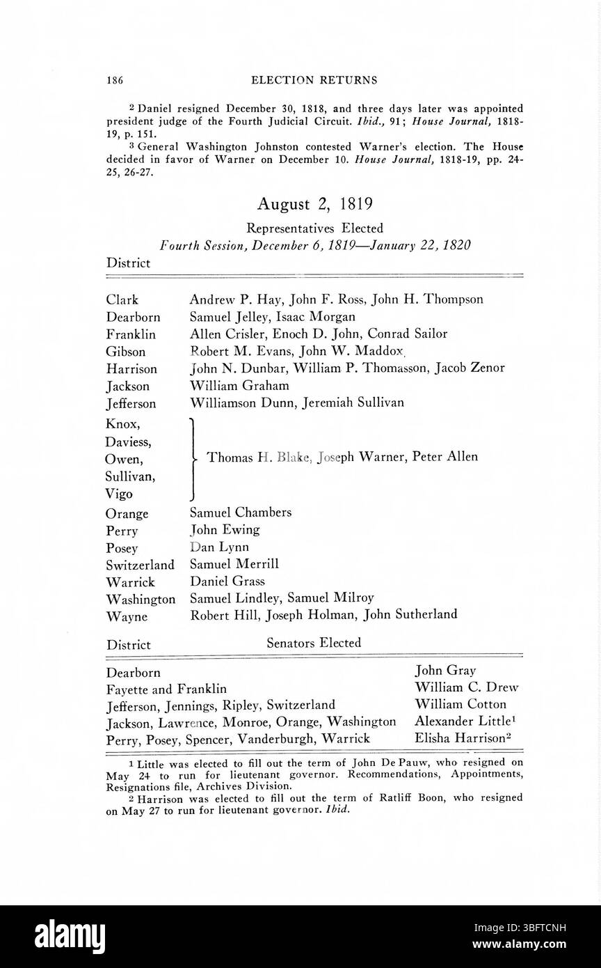 Questa pagina registra i ritorni elettorali in Indiana dal 1816 al 1851, fornendo una chiara panoramica dei risultati elettorali e degli eventi politici nella storia dello stato. Foto Stock