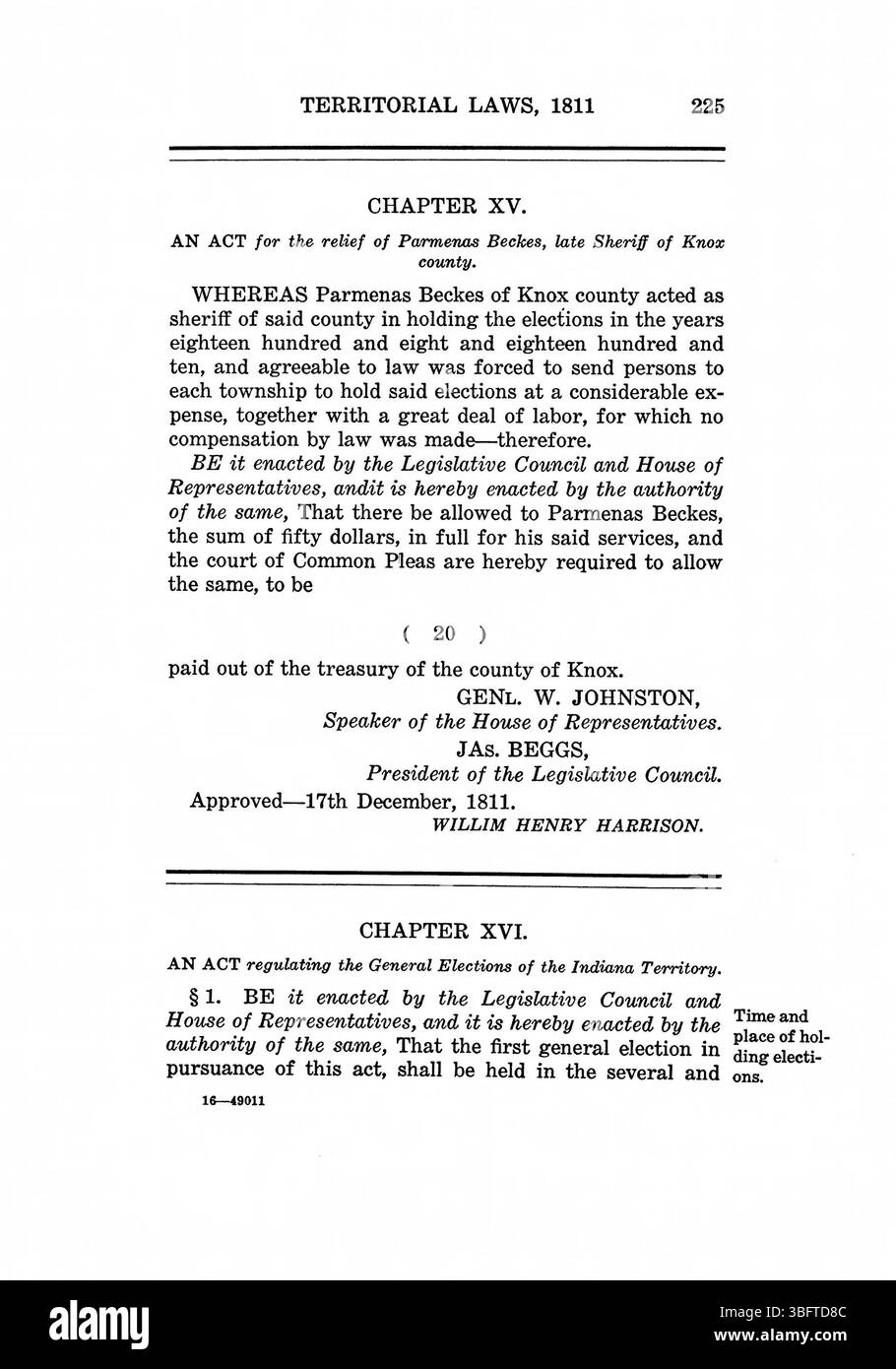La pagina 240 di "The Laws of Indiana Territory, 1809-1816" continua con una riproduzione moderna dei testi giuridici originali dell'Indiana, che offrono una visione dei primi processi legislativi della regione. L'appendice elenca gli ufficiali, i delegati, i giudici e i funzionari dal 1800 al 1816, con una prefazione del governatore Paul V. McNutt. Foto Stock