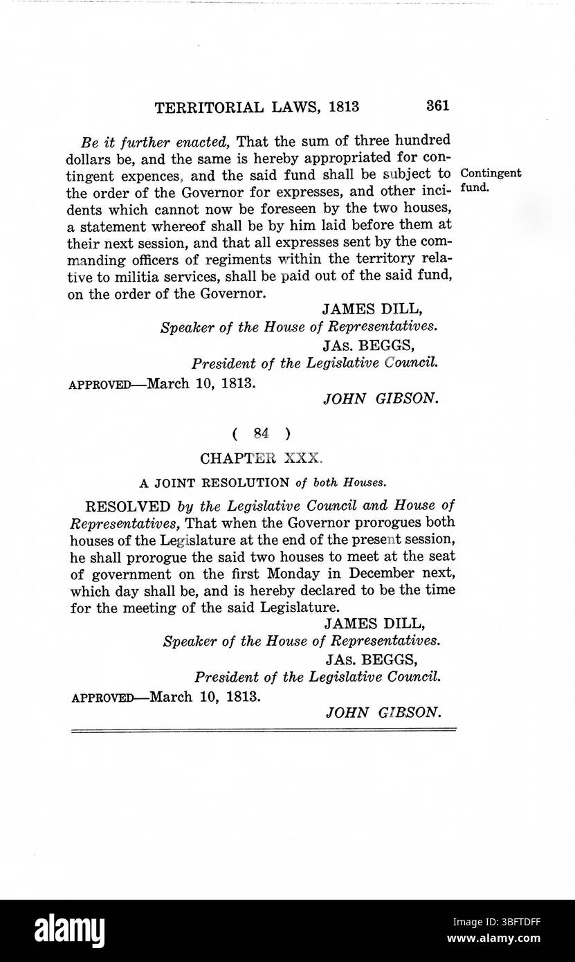 La pagina 375 di “Laws of Indiana Territory, 1809-1816” contiene il testo statutario relativo alla tassazione territoriale, all'organizzazione della milizia e alle norme procedurali, illustrando la struttura governativa prima della costituzione dello Stato. Foto Stock