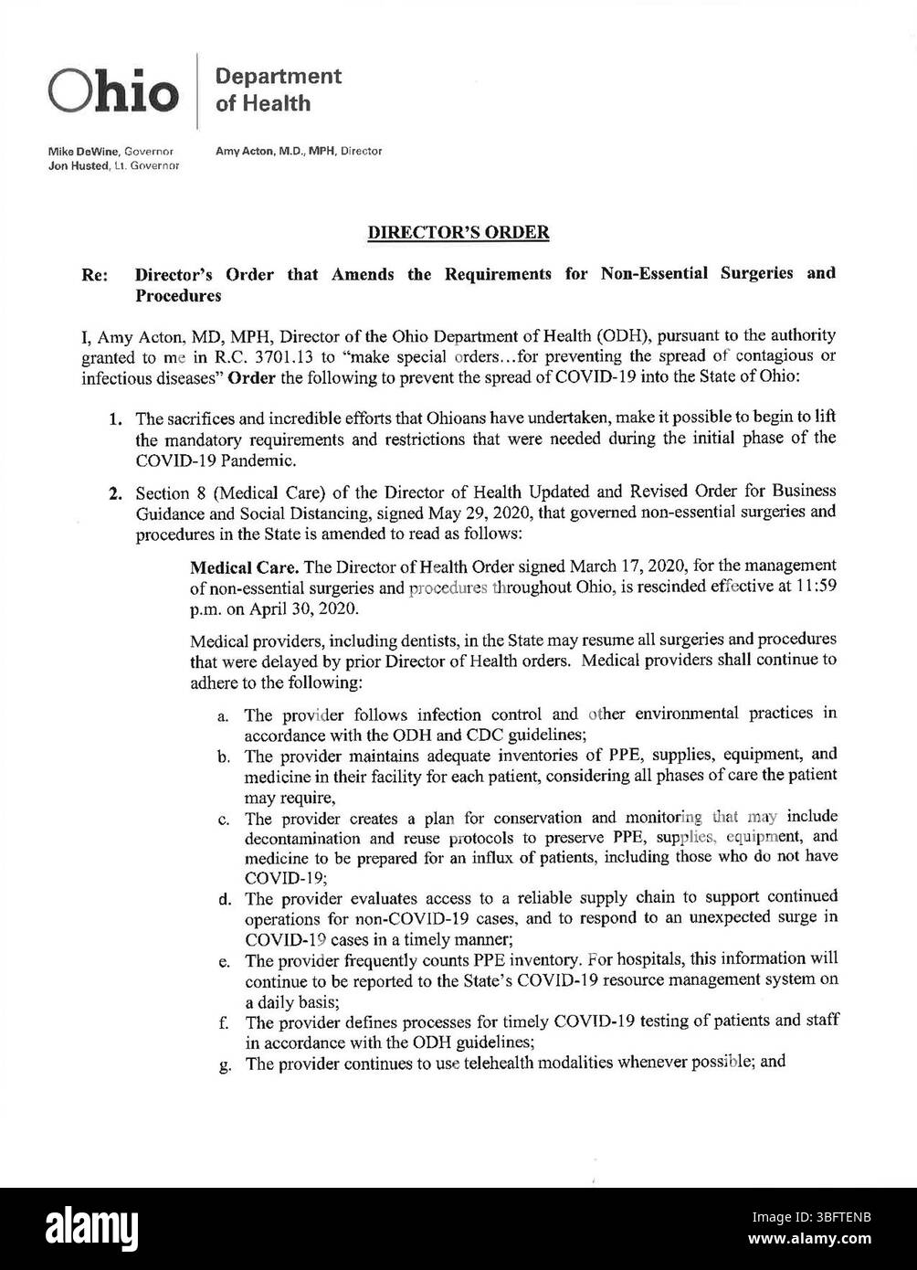 L'ordinanza del direttore, firmata il 2 giugno 2020, modifica i requisiti per gli interventi chirurgici e le procedure non essenziali in risposta alla pandemia di COVID-19. Essa delinea orientamenti riveduti per garantire la sicurezza della salute pubblica mantenendo nel contempo i servizi sanitari essenziali. Foto Stock