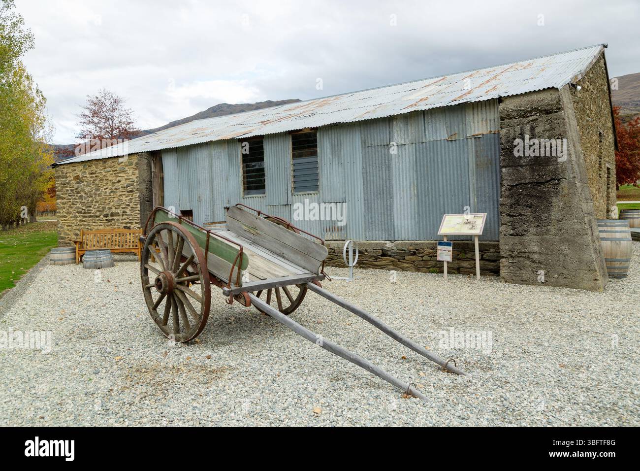 Lo storico Woolshed risalente al 1860 presso l'azienda vinicola Peregrine, Gibbston Valley, South Island, nuova Zelanda Foto Stock