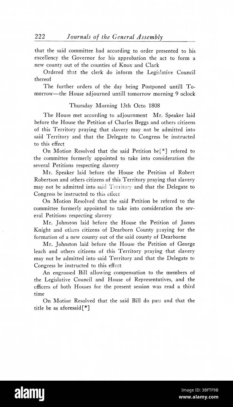 Pagina 232 delle *1805-1815 riviste dell'Assemblea generale del territorio dell'Indiana* registra dibattiti sull'organizzazione militare e sulle strategie di difesa, evidenziando l'approccio del territorio alla sicurezza e alla difesa nella sua governance iniziale. Foto Stock