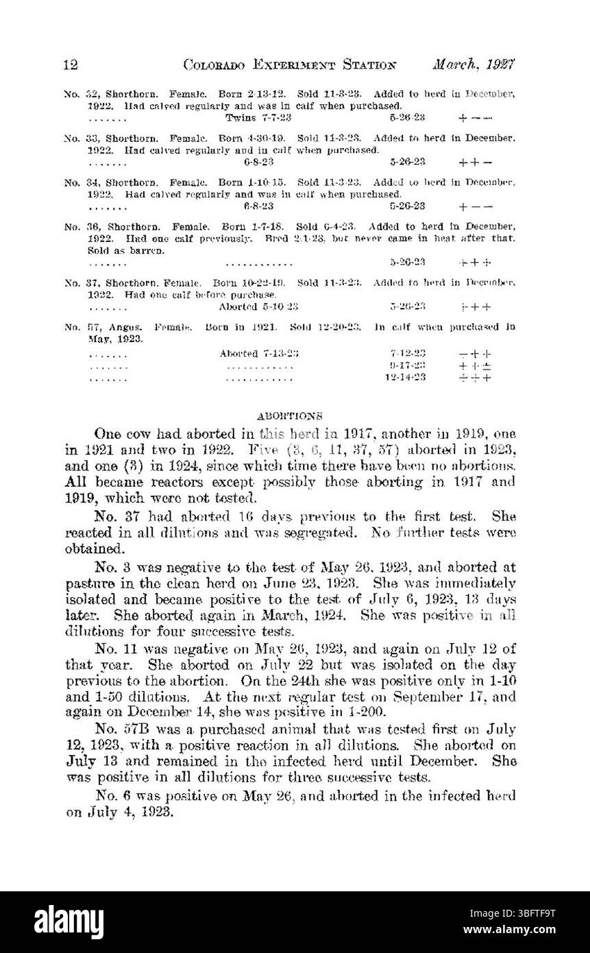 Questa pagina del rapporto 1927 discute ulteriormente il ruolo dell'analisi del sangue e della segregazione nel controllo della malattia abortiva nel bestiame, sottolineando l'importanza di questi metodi nella prevenzione delle malattie. Foto Stock